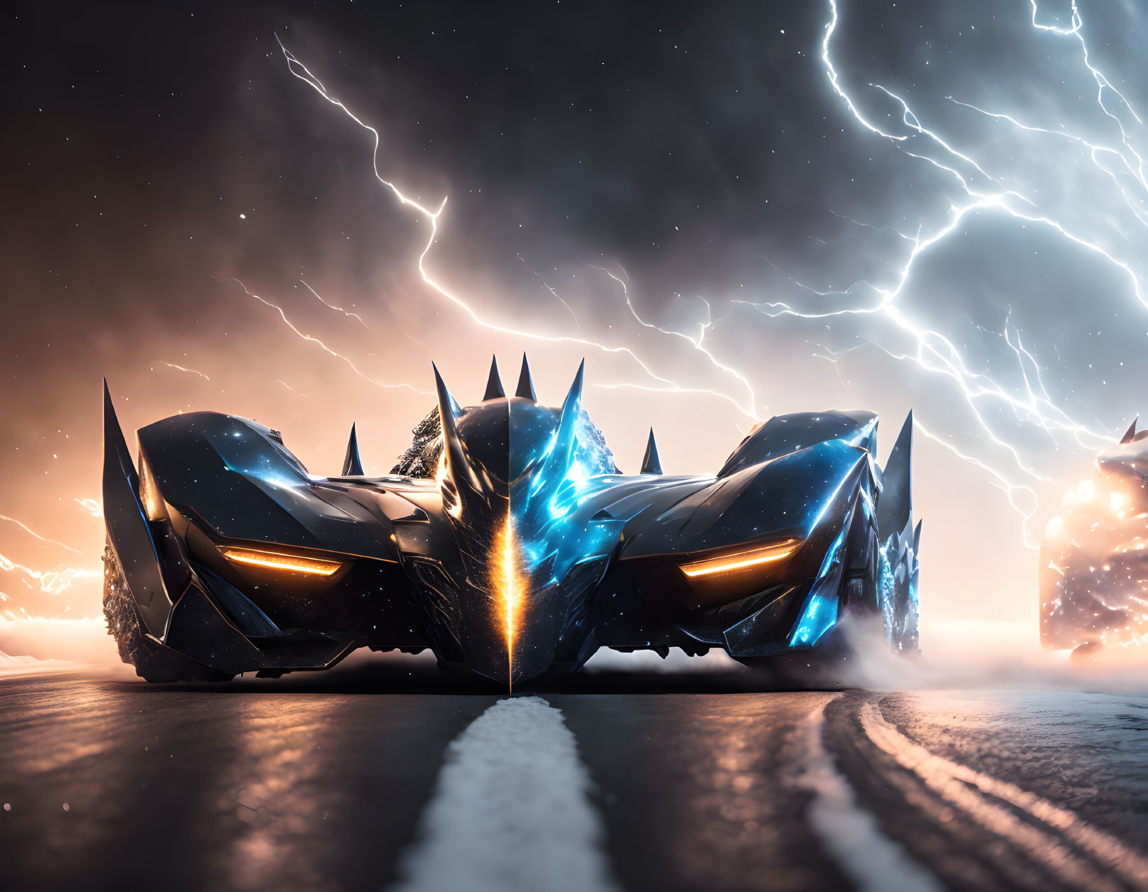 Futuristic black car with sharp angles and blue lights under stormy sky