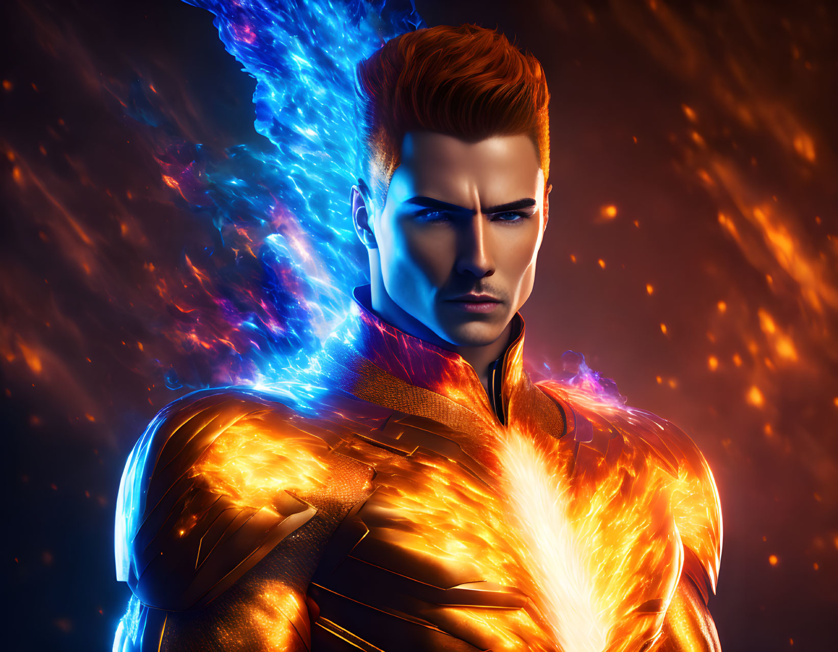 Male superhero with fiery powers on vibrant background