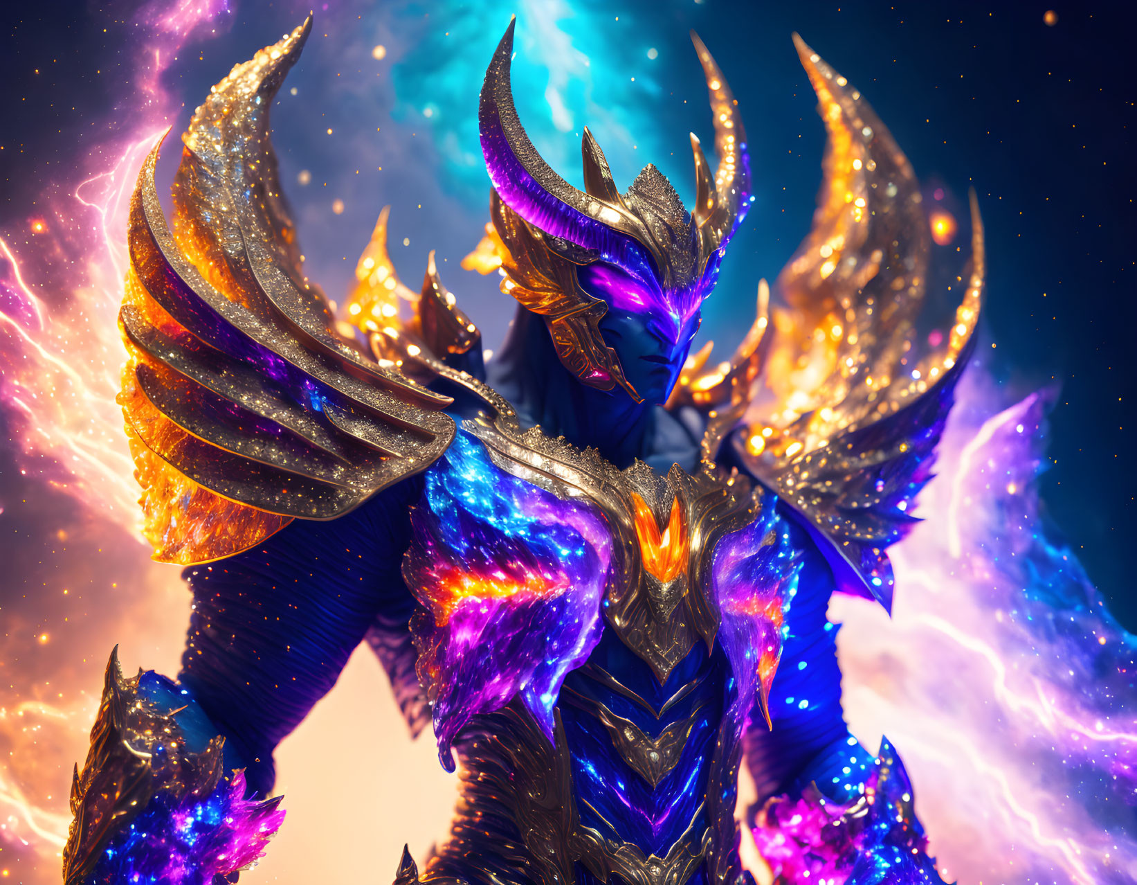 Armored warrior with cosmic wings in vibrant nebula setting