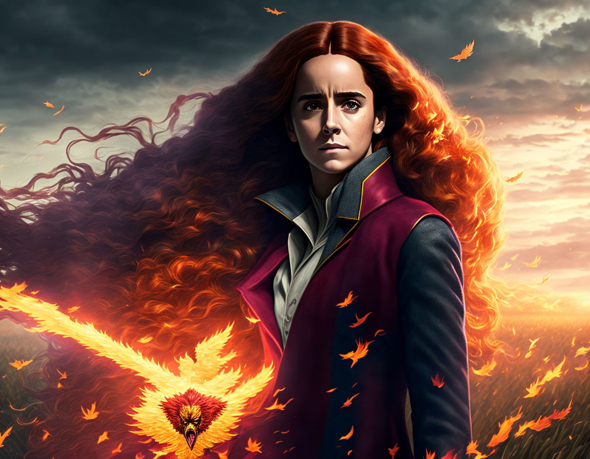 Red-haired woman with phoenix imagery against dramatic sky