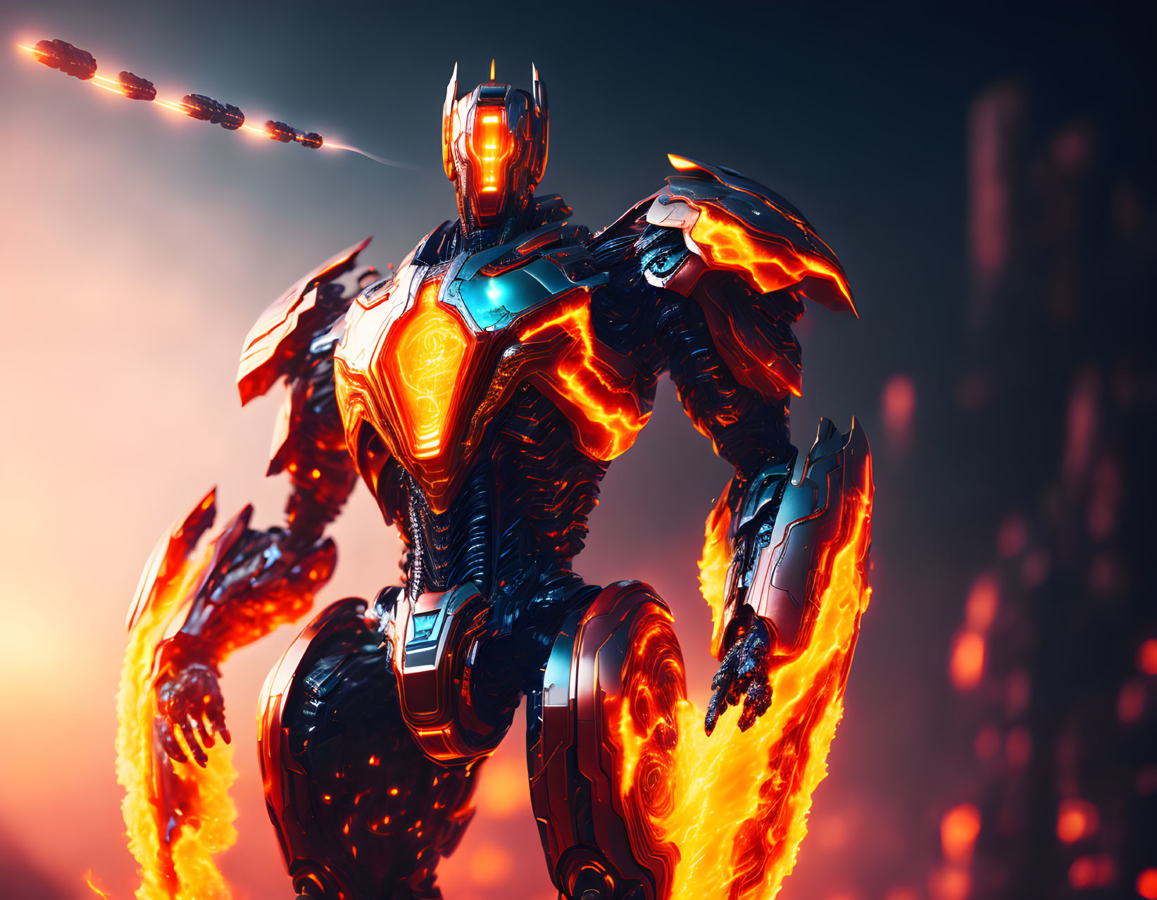 Futuristic robot with glowing orange accents in battle stance against ominous skyline