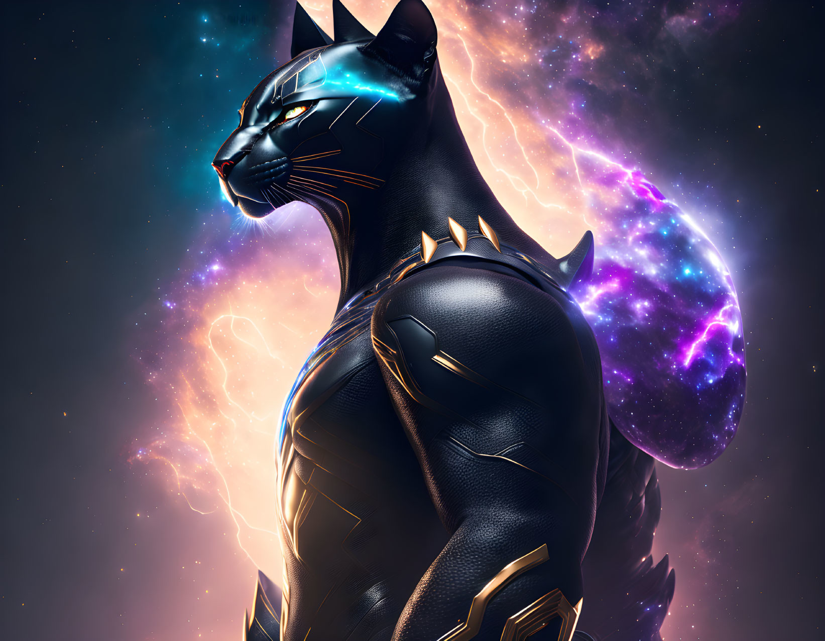 Stylized black panther-themed superhero in cosmic setting