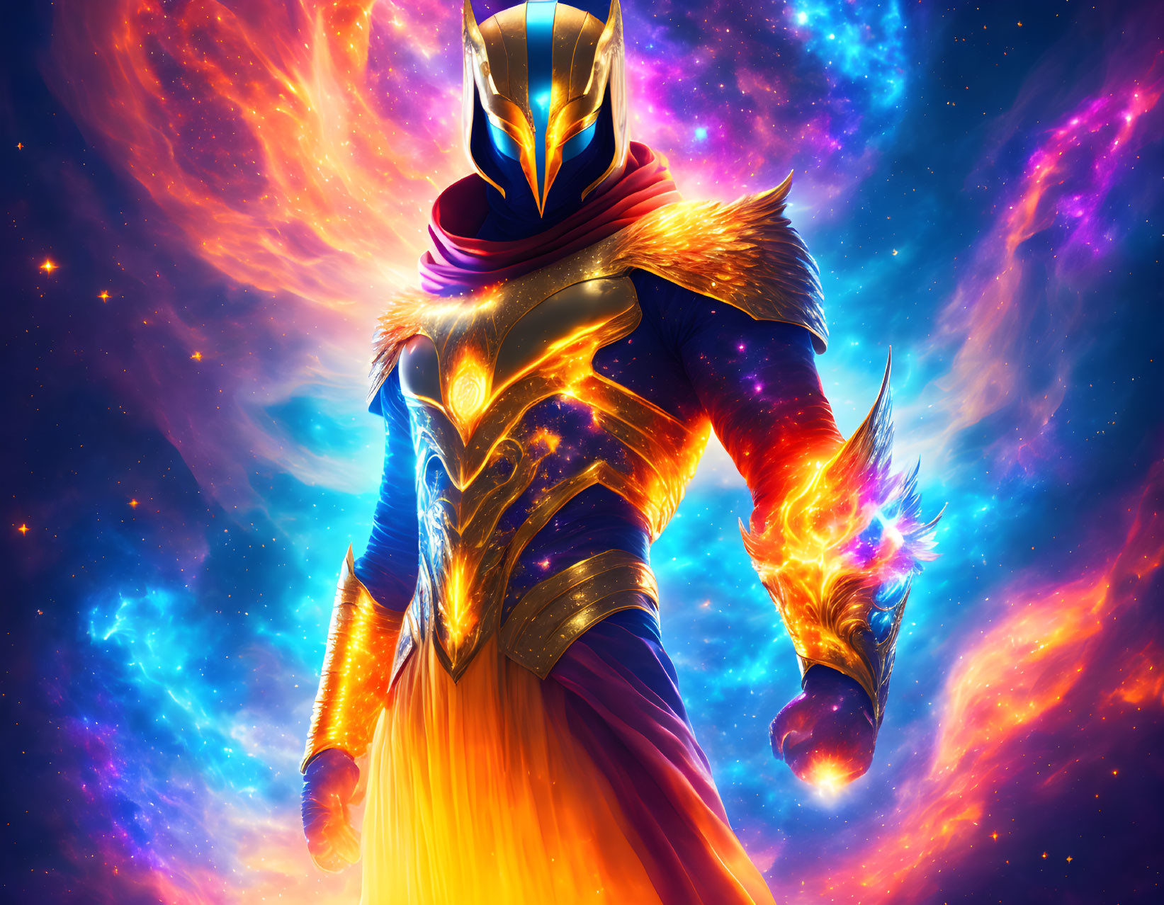 Armored figure with gold and blue helmet holding energy ball in cosmic nebula.