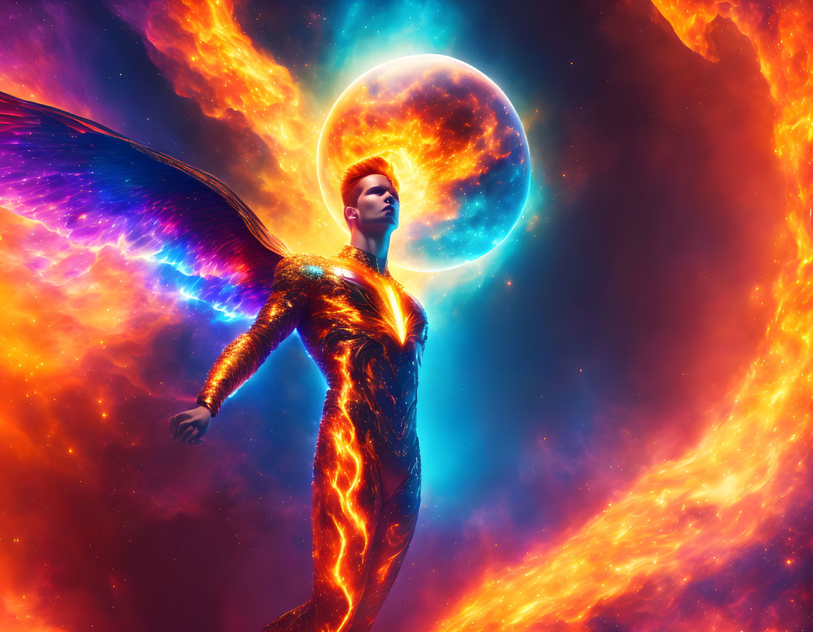 Surreal angelic figure with fiery wings in cosmic scene