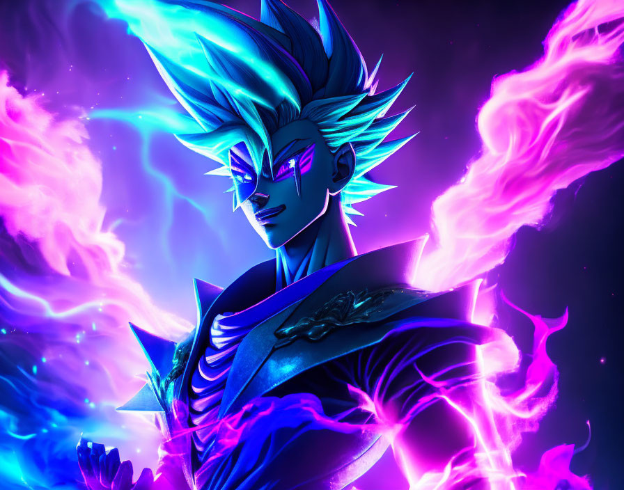 Anime character with spiky blue hair and purple aura in cosmic scene