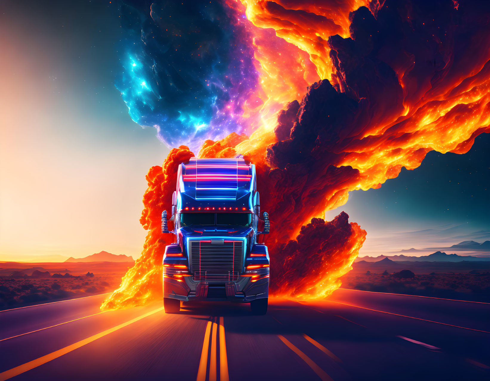 Truck on Highway with Fiery Explosion and Blue Nebula