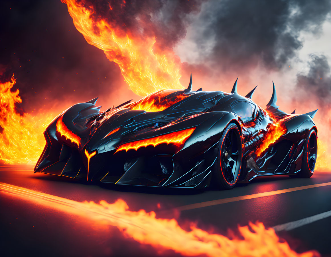 Black sports car with fiery designs driving on road with flames and spikes under dark sky