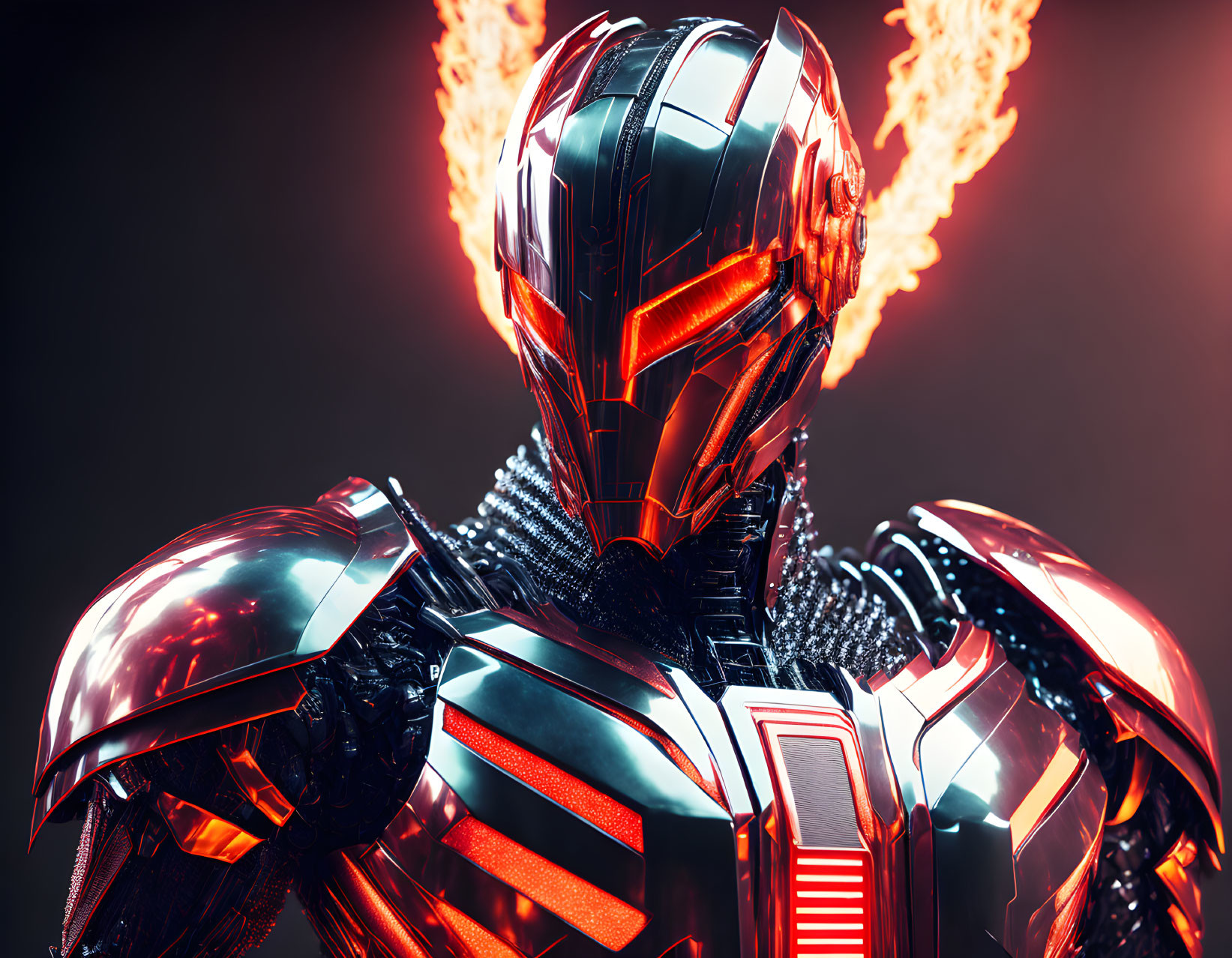 Futuristic armored robot with glossy red and metallic finish and flame jets on dark backdrop