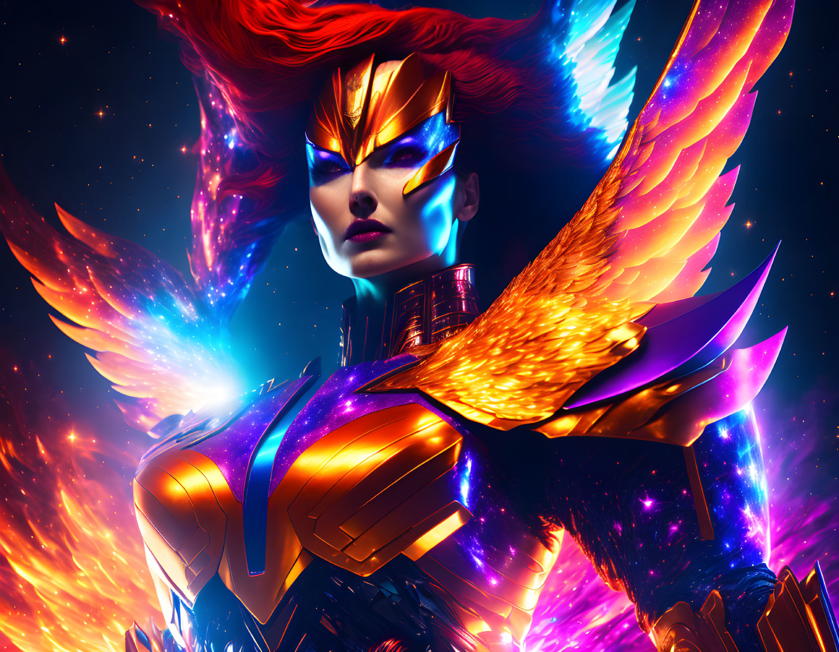 Female superhero with fiery wings and armor in cosmic setting