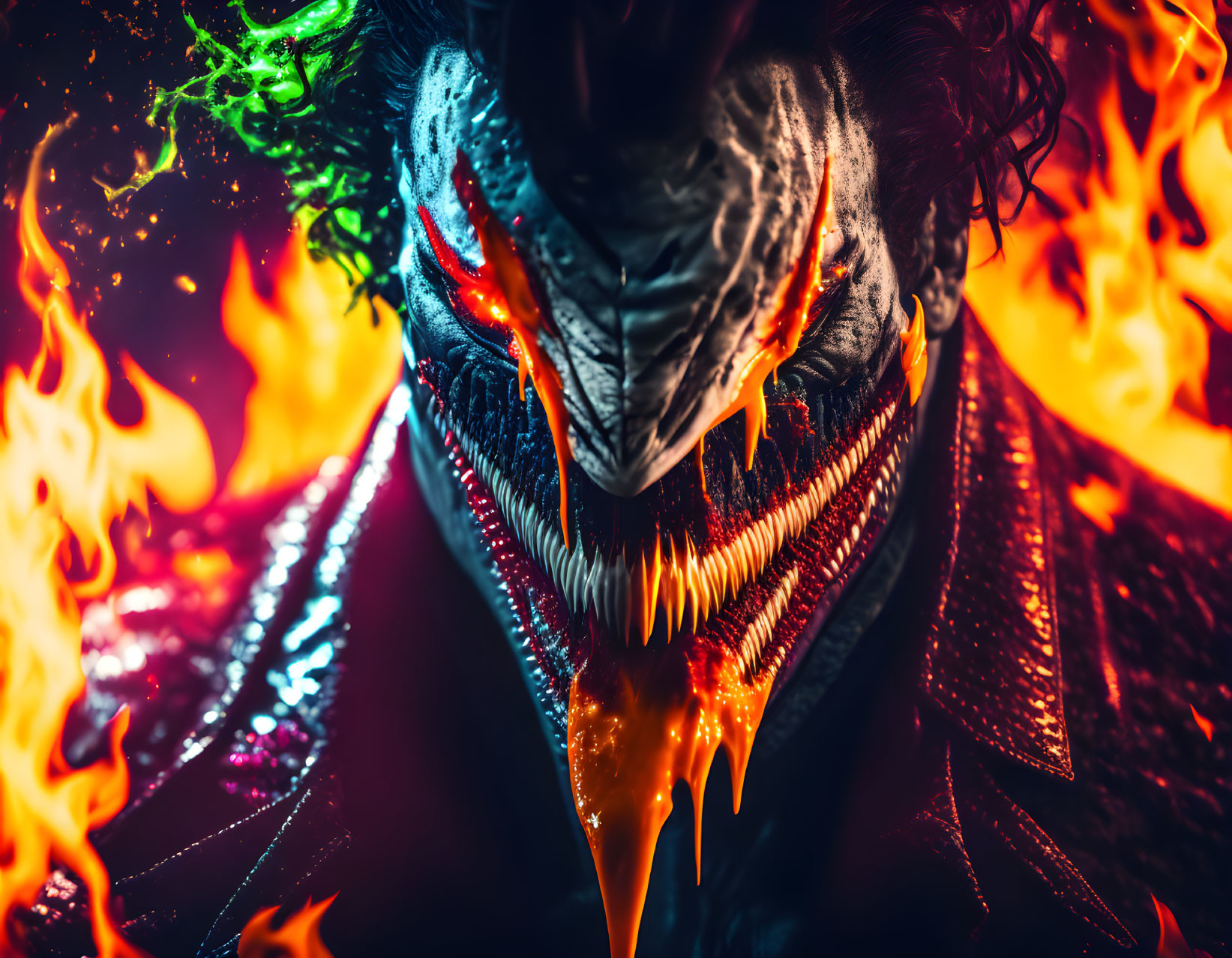 Fiery dragon with red eyes and sharp teeth in vibrant flames.