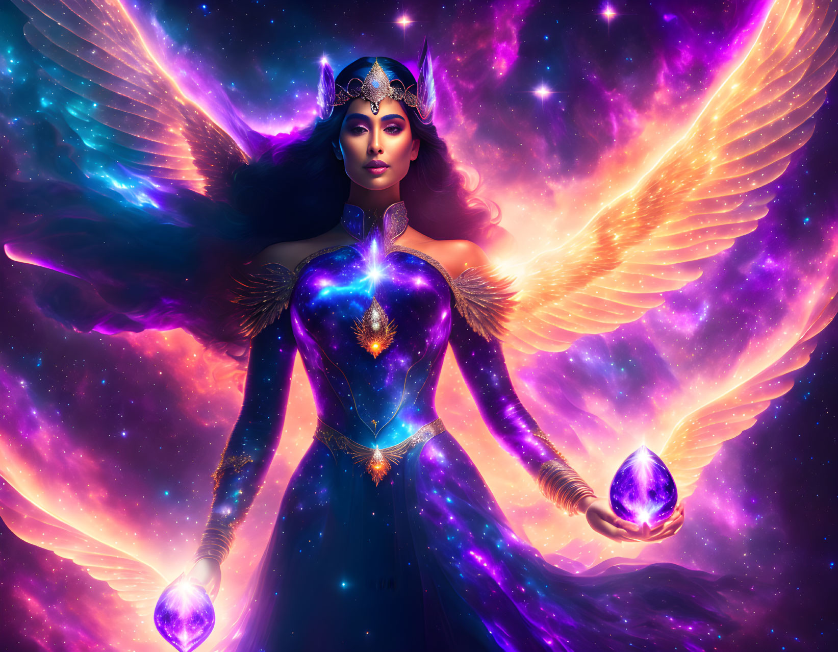 Radiant female figure with cosmic wings and orbs in starry nebula.