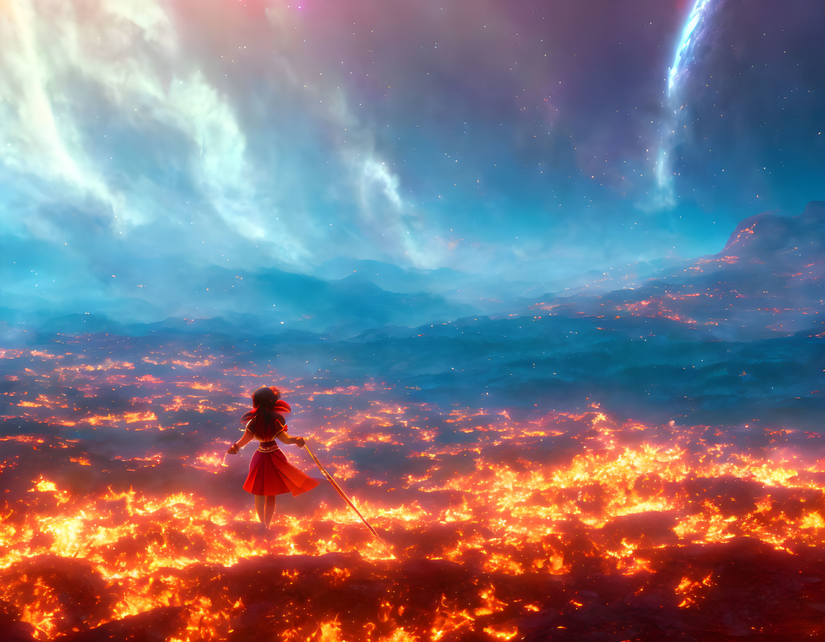 Animated character with spear in fiery cosmic landscape