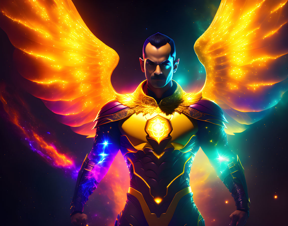 Superhero with Glowing Wings and Cosmic Background in Vibrant Suit