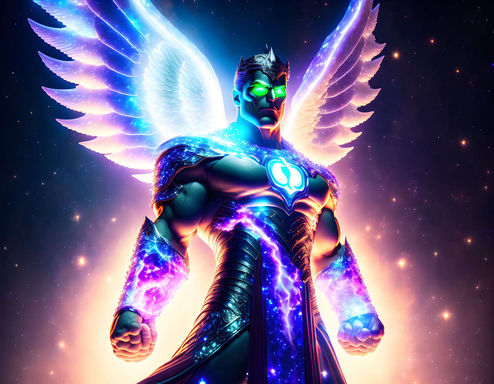 Winged superhero with glowing emblem in cosmic backdrop