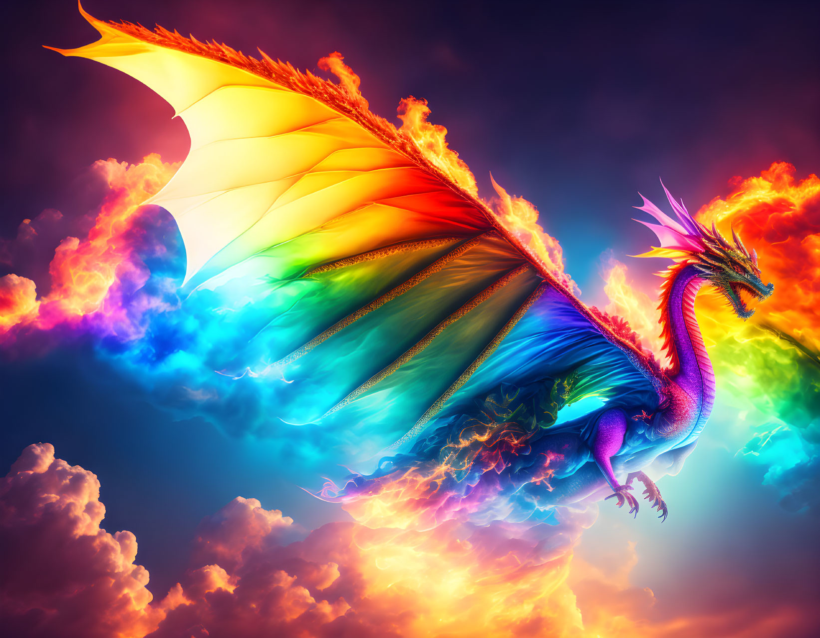 Mythical dragon flying in colorful, fiery clouds