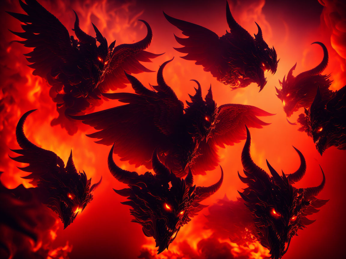 Fiery red dragons with glowing eyes in smoky sky