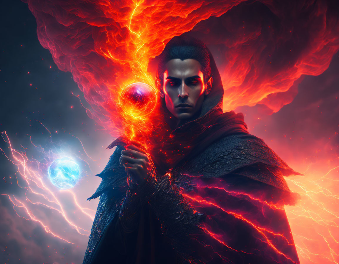 Fantasy figure with glowing orb in front of fiery nebula