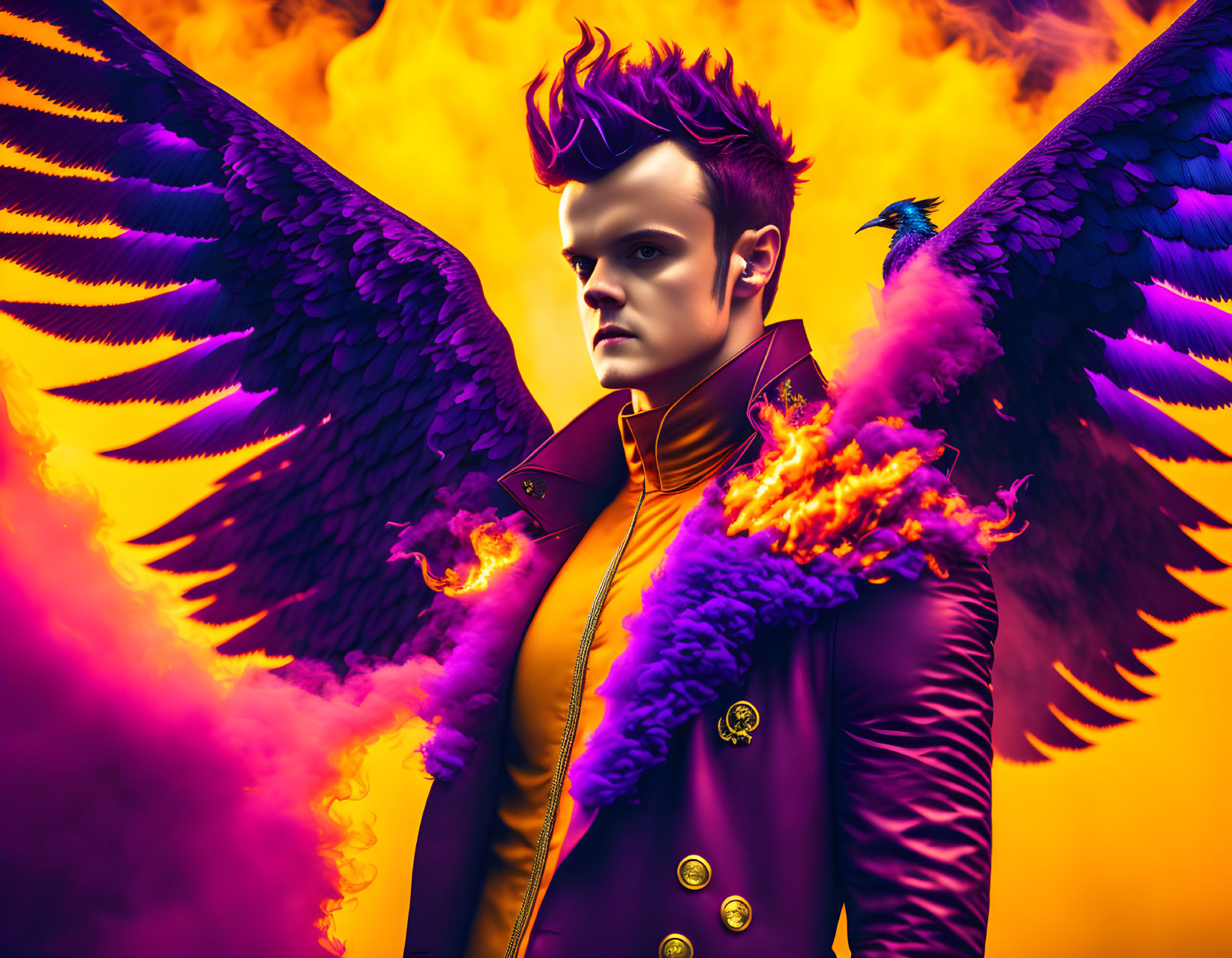 Person with purple wings in flames and smoke, wearing purple coat, fiery shoulder, bird perched.