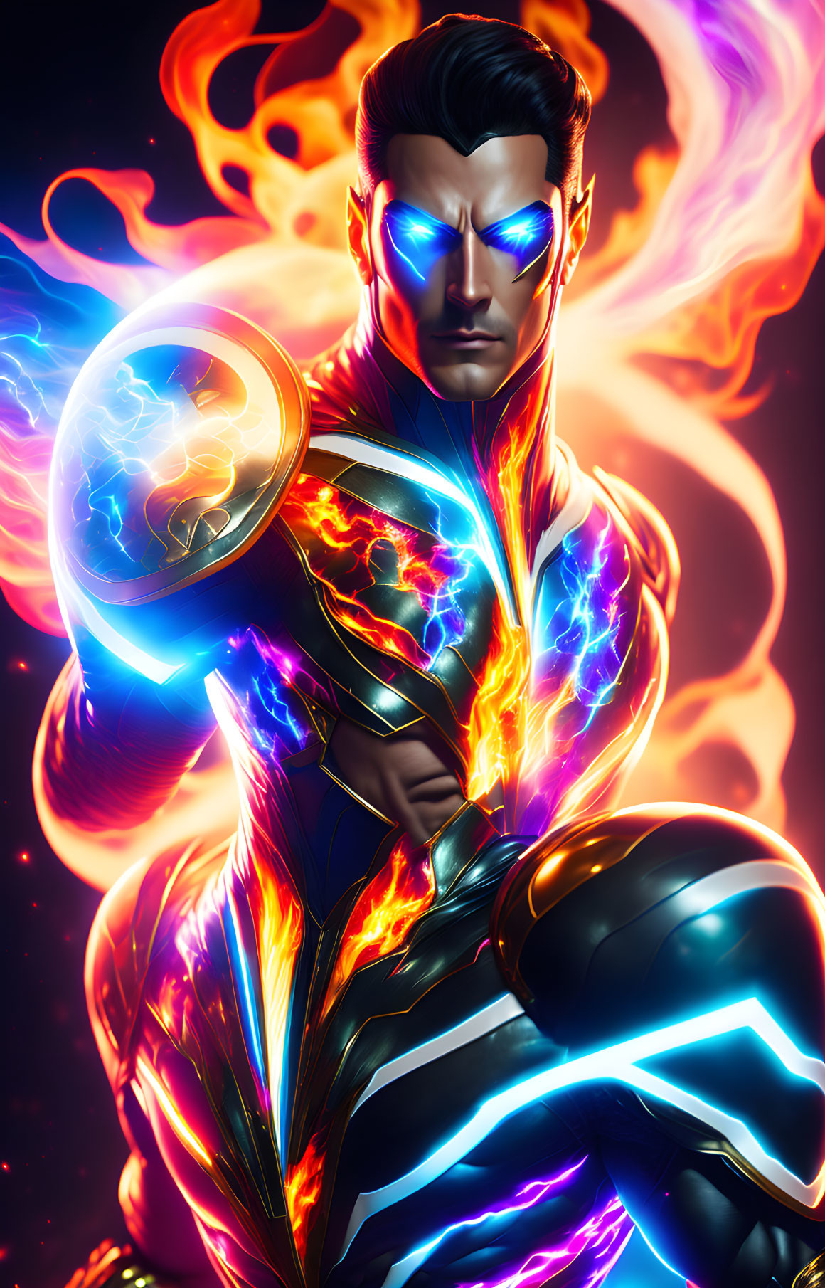 Superhero digital artwork with blue and orange flames on cosmic backdrop