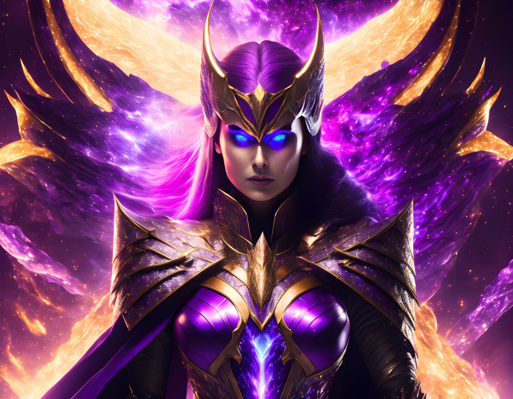 Female warrior with winged helmet and glowing blue eyes in cosmic purple energy.