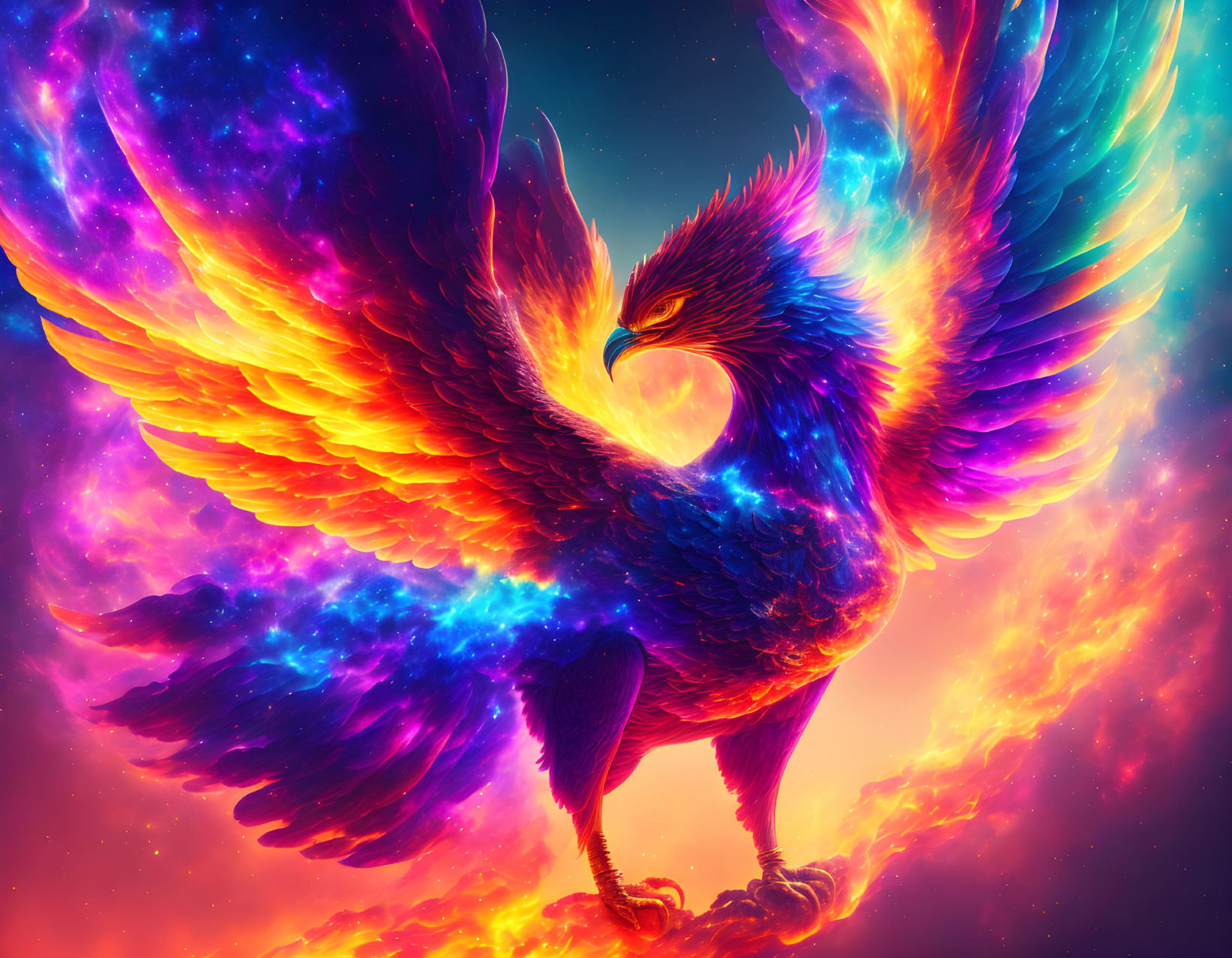 Colorful Phoenix with Fiery Wings in Starry Sky