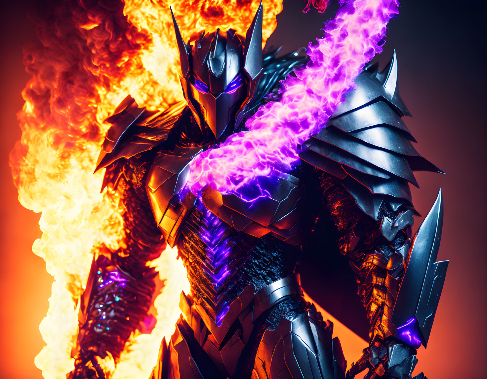 Armored robotic warrior in fiery explosion with purple energy crackling