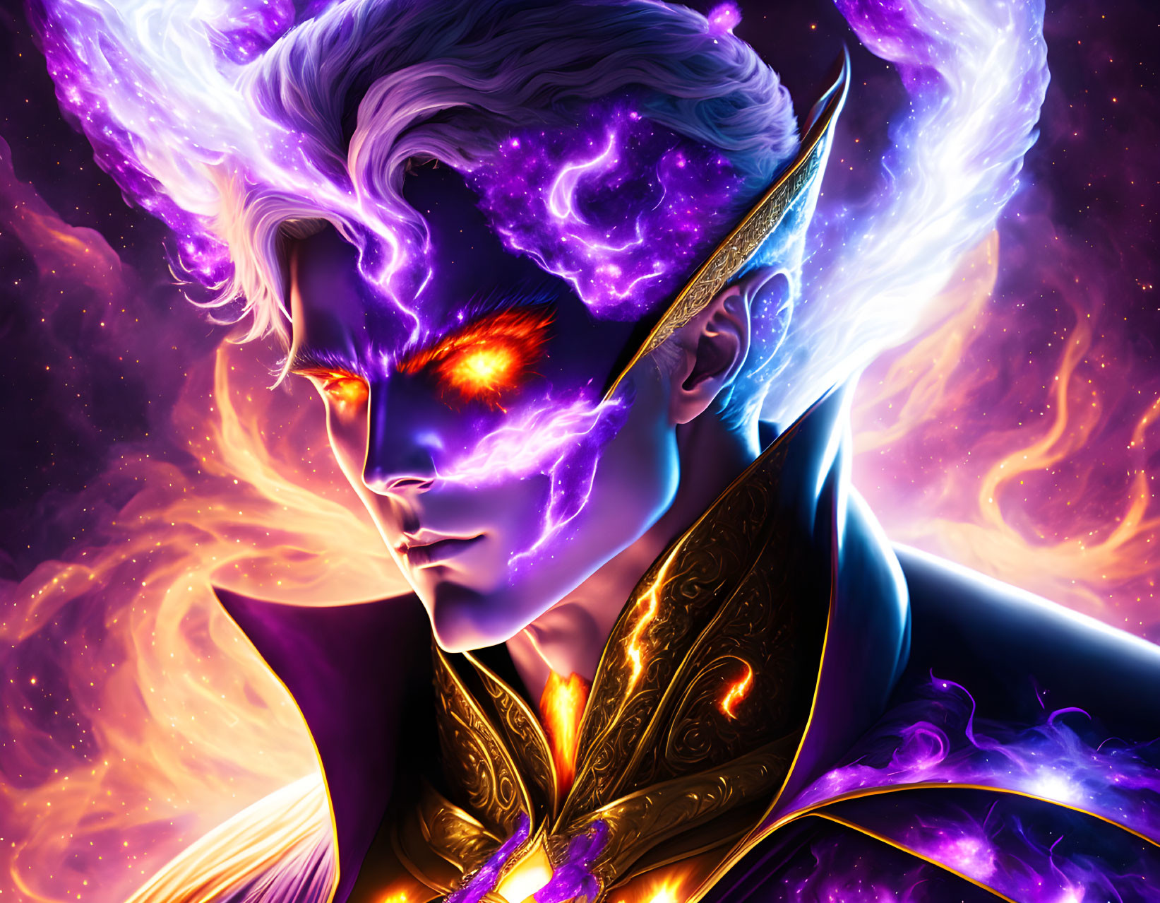 Cosmic-themed character with purple hair and fiery nebula backdrop