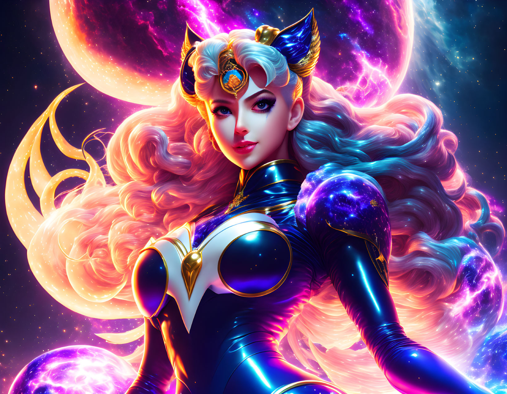 Digital artwork: Woman in cosmic costume with cat-like ears on celestial background