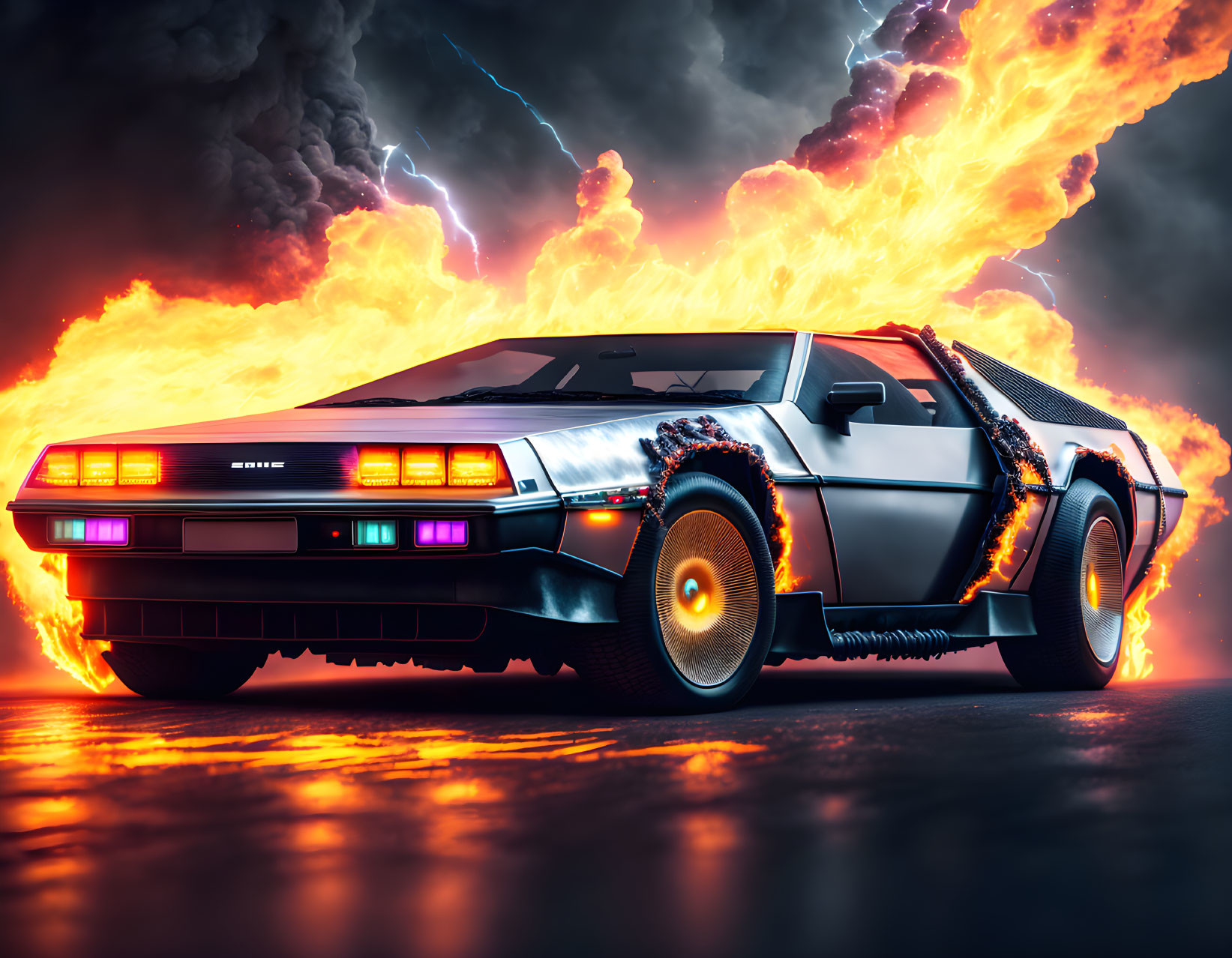 Glowing DeLorean car in dramatic 80s sci-fi scene