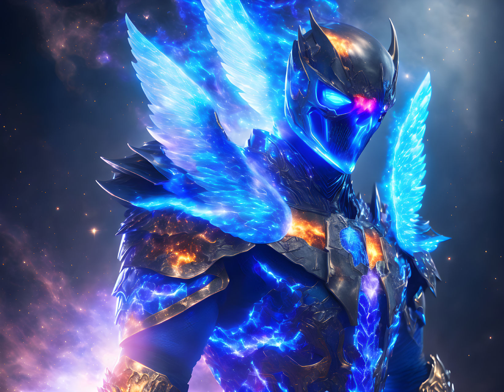 Blue-winged futuristic knight in fiery armor against starry space.