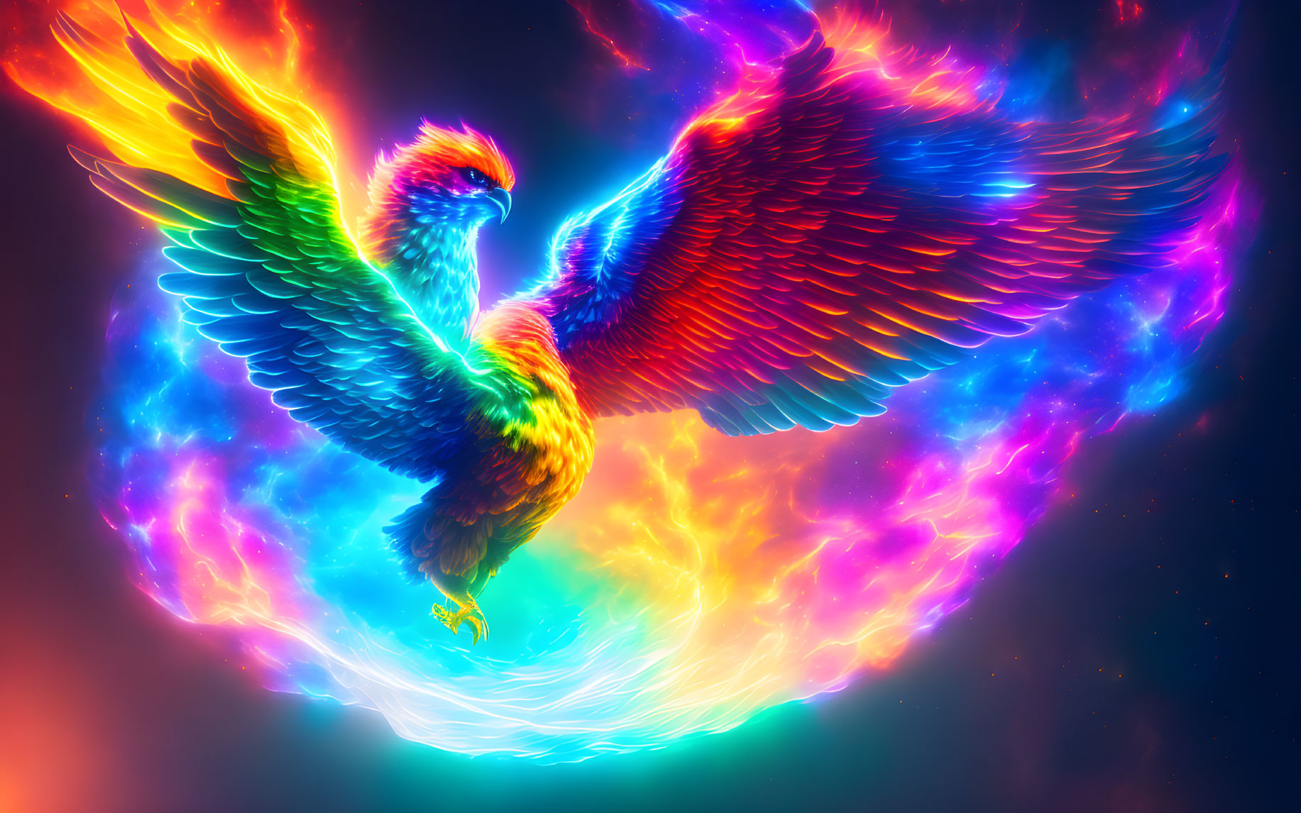 Colorful Phoenix Artwork with Spreading Wings in Cosmic Setting