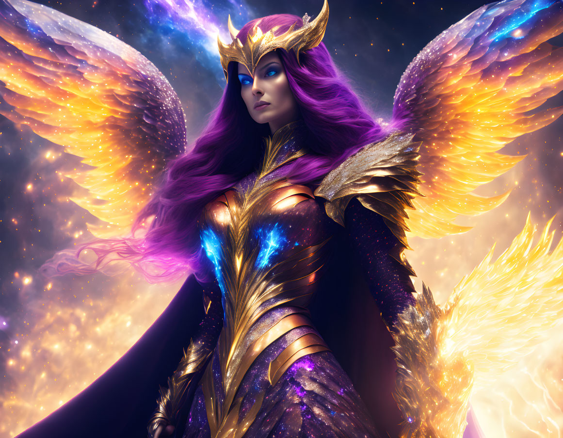 Majestic fantasy female character with purple hair and golden armor