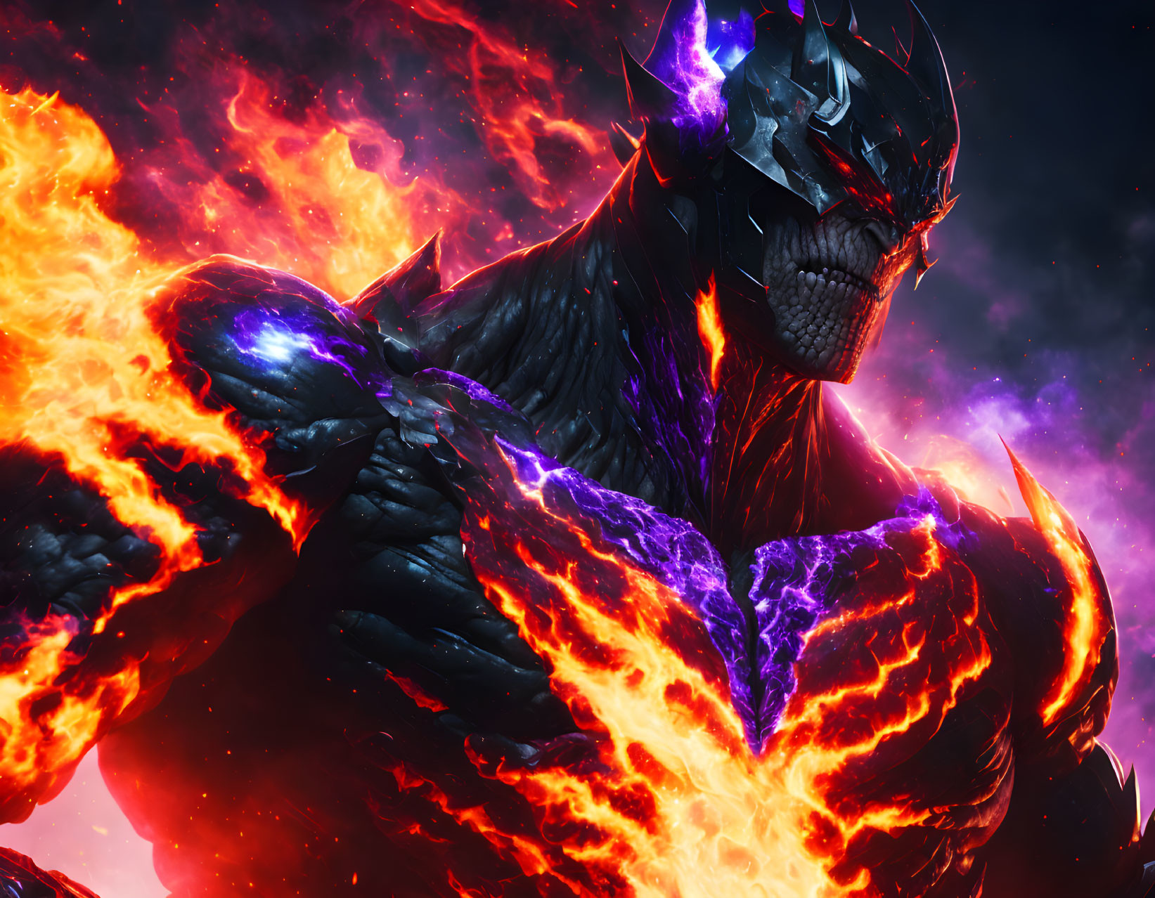 Armored figure with purple eyes and lava against fiery background