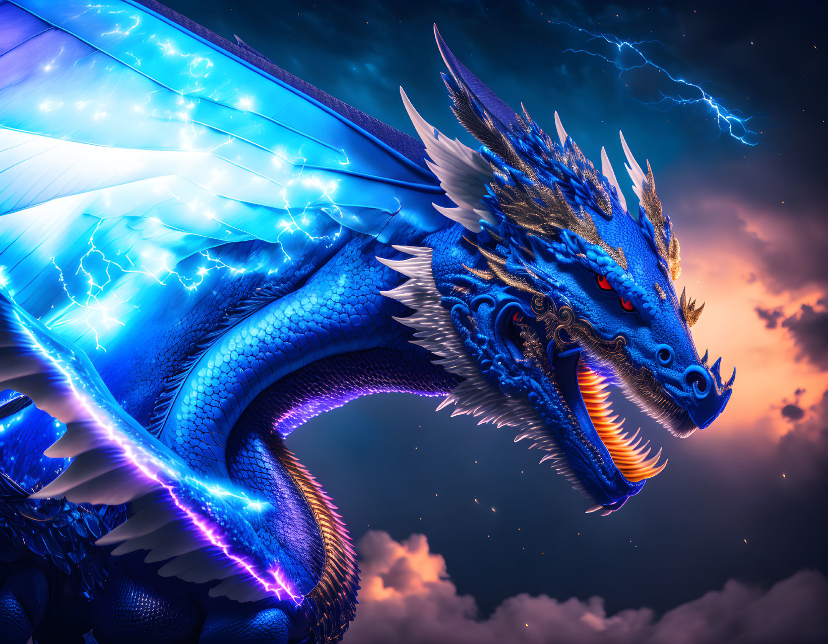 Blue dragon with glowing scales and fins in stormy sky electrified by blue lightning