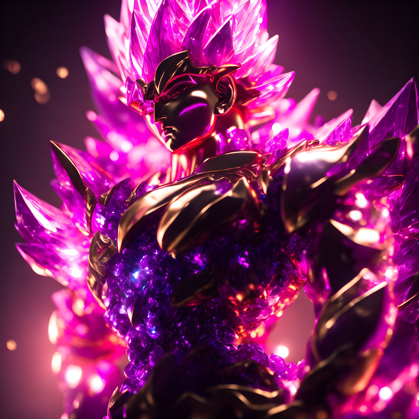 Purple crystal-like figure with spiky hair and armor on dark background