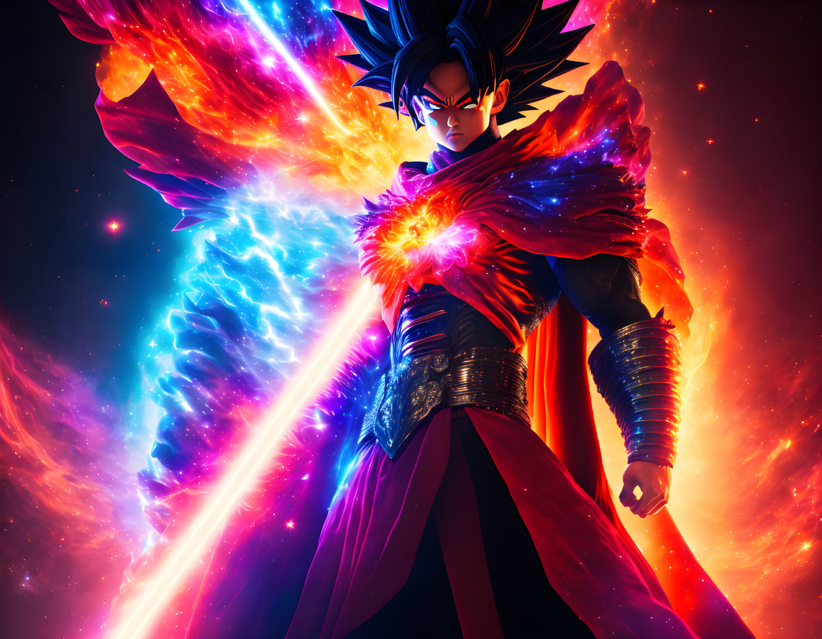 Anime-style character with spiky hair in red cape unleashing energy blast in cosmic setting