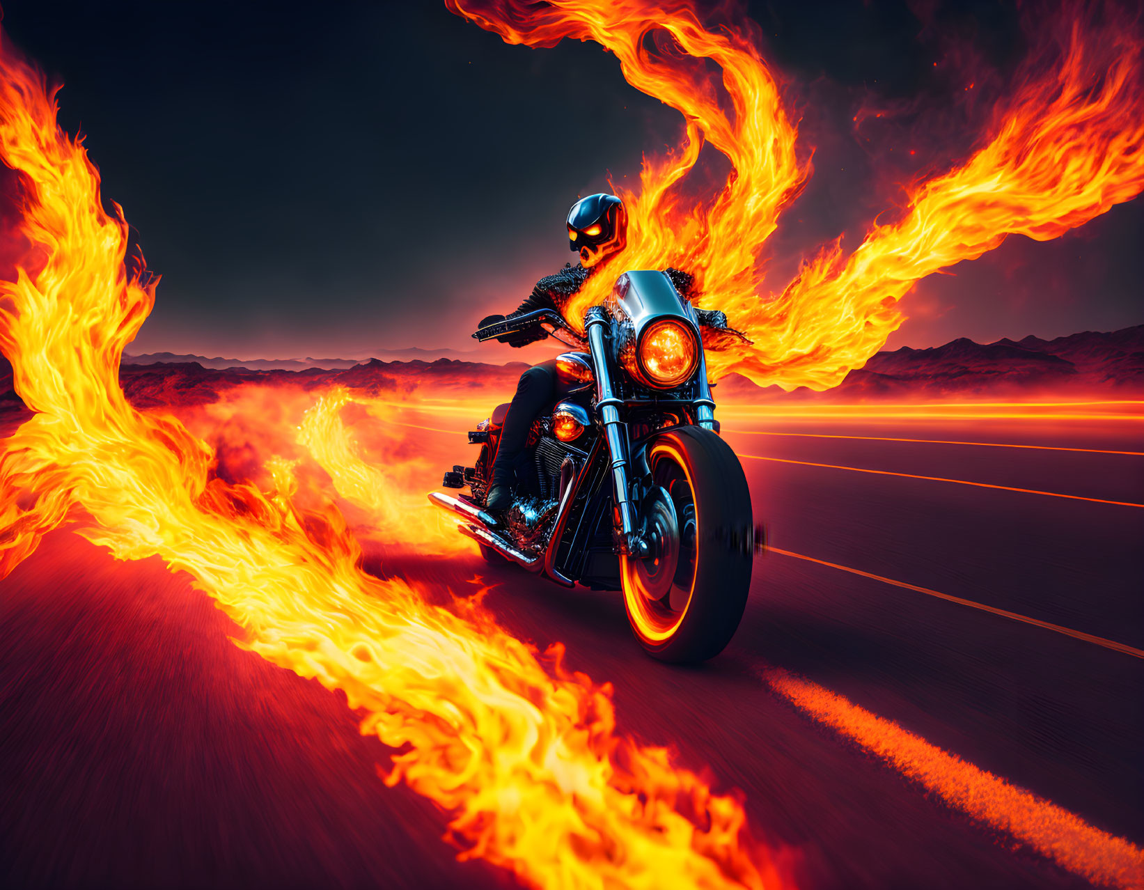 Motorcycle rider in full gear with fiery trails at sunset