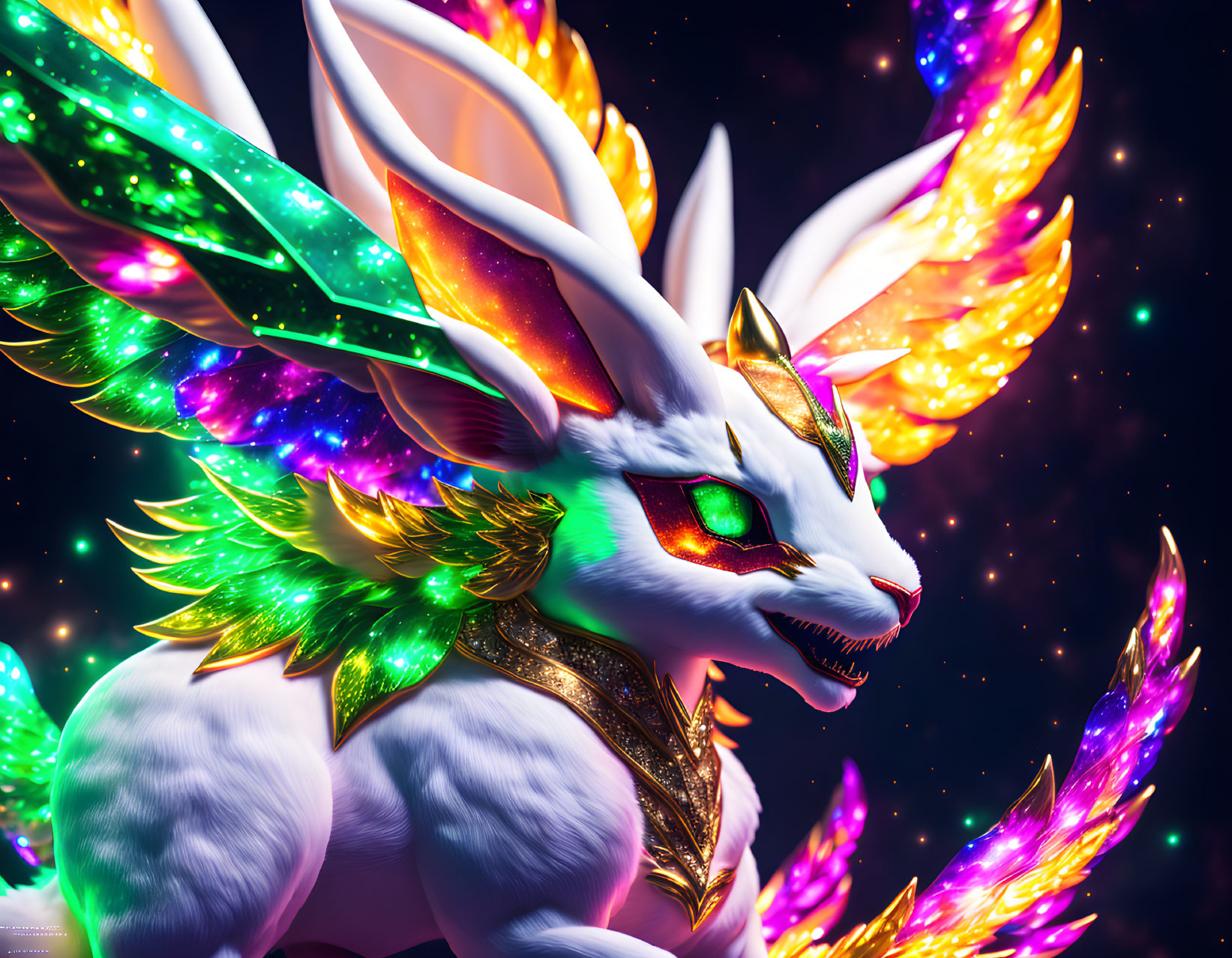 Mythical white fox with colorful wings on starry background