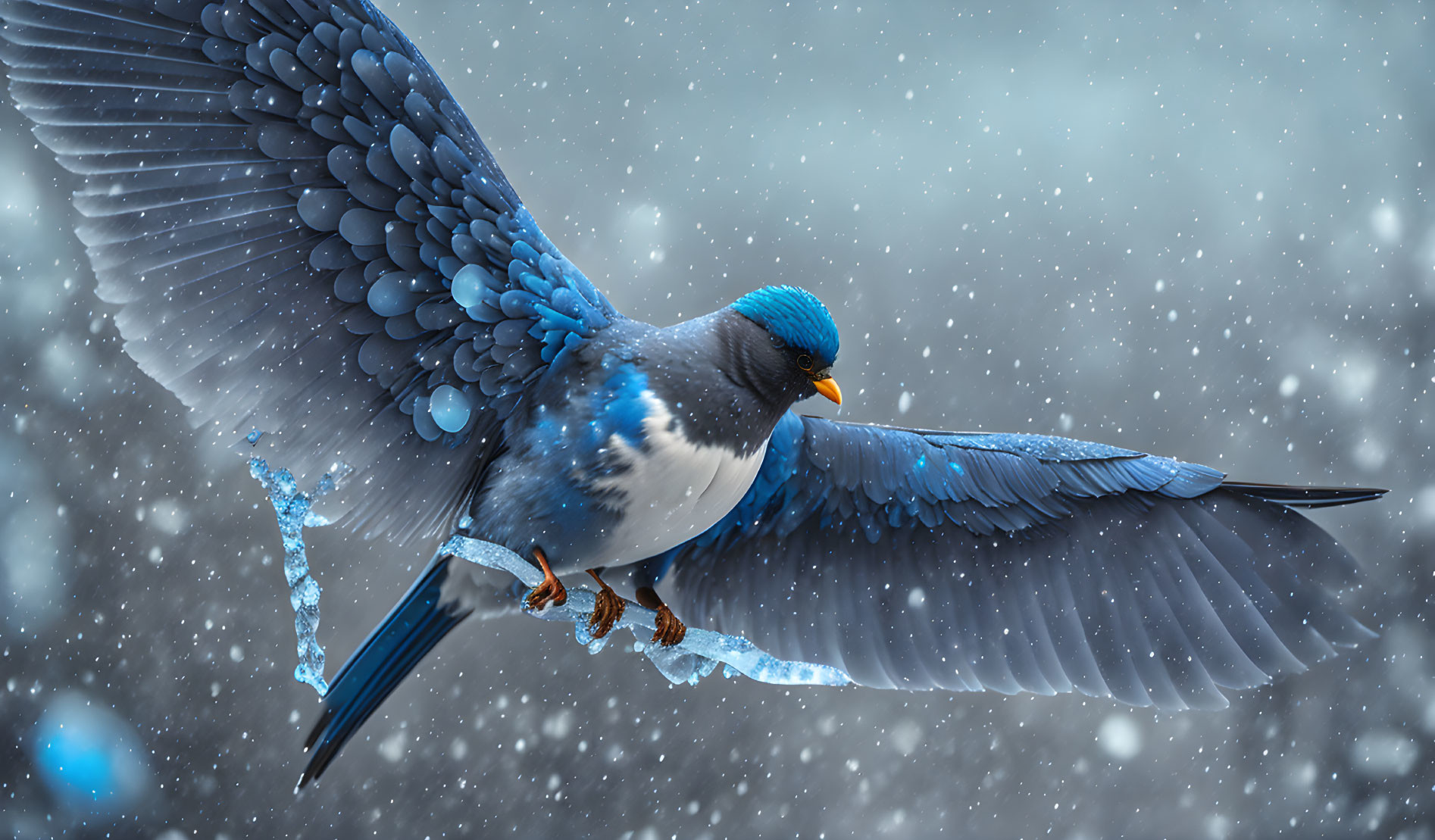 Blue and Black Bird Flying in Snowfall