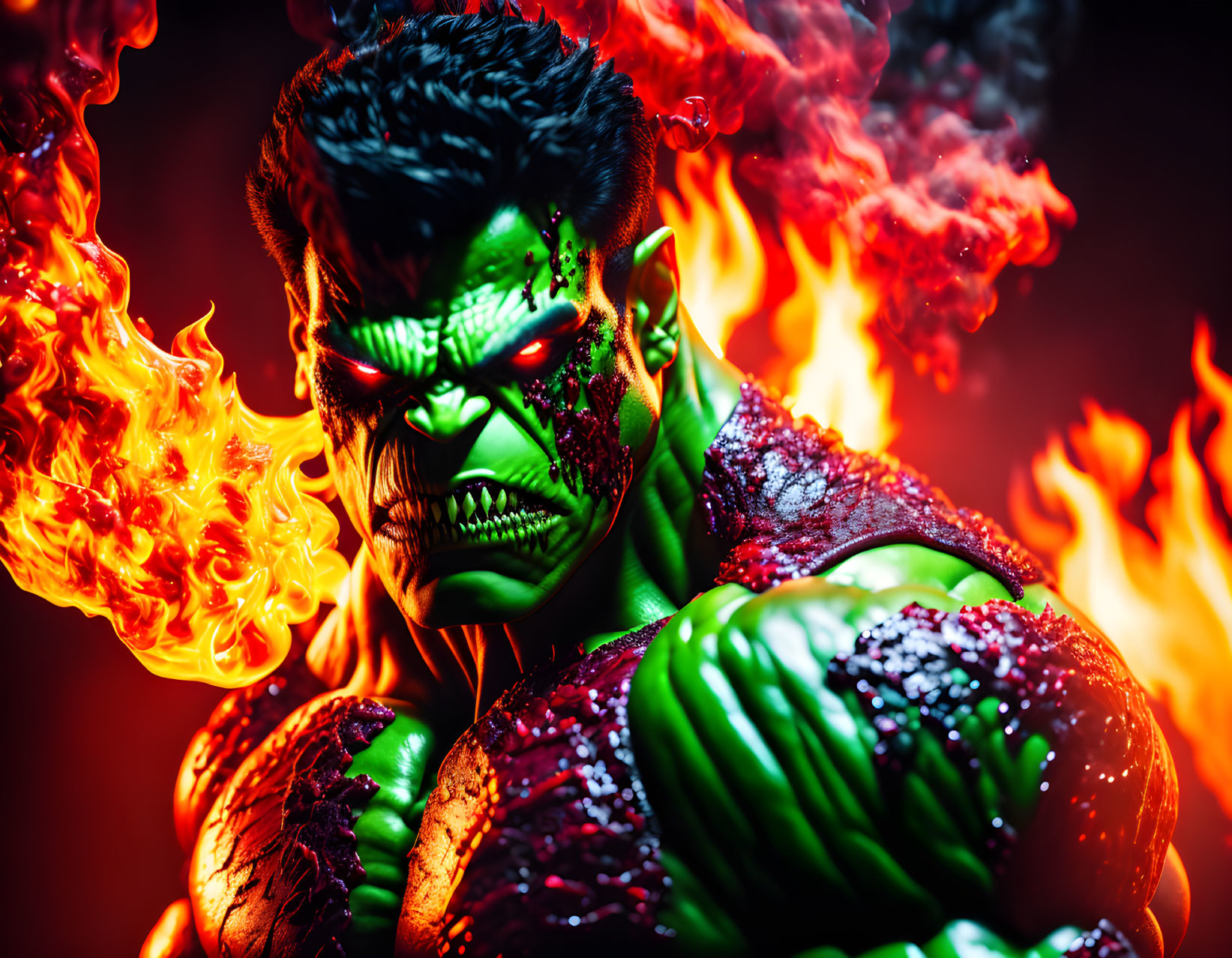 Muscular green-skinned character with flame hair in fiery setting