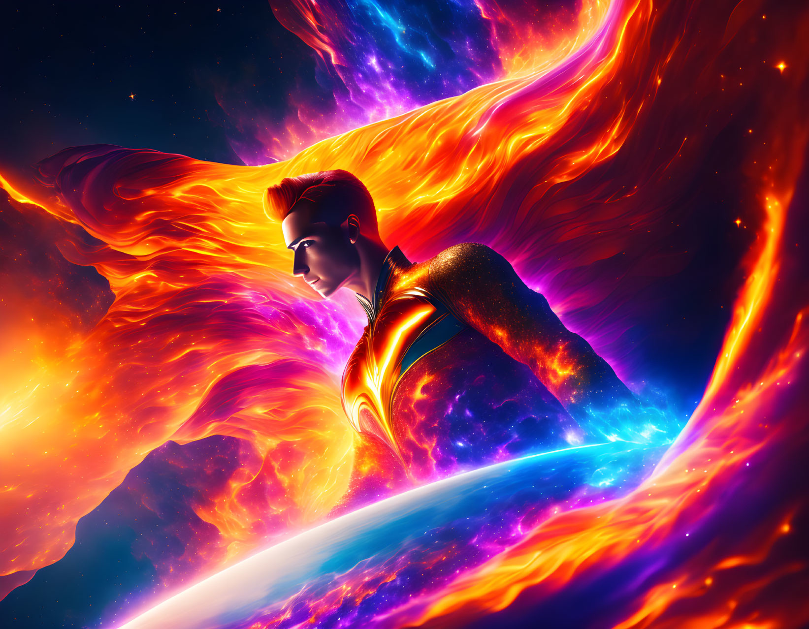 Superhero with fiery cape flying over planet in cosmic scene