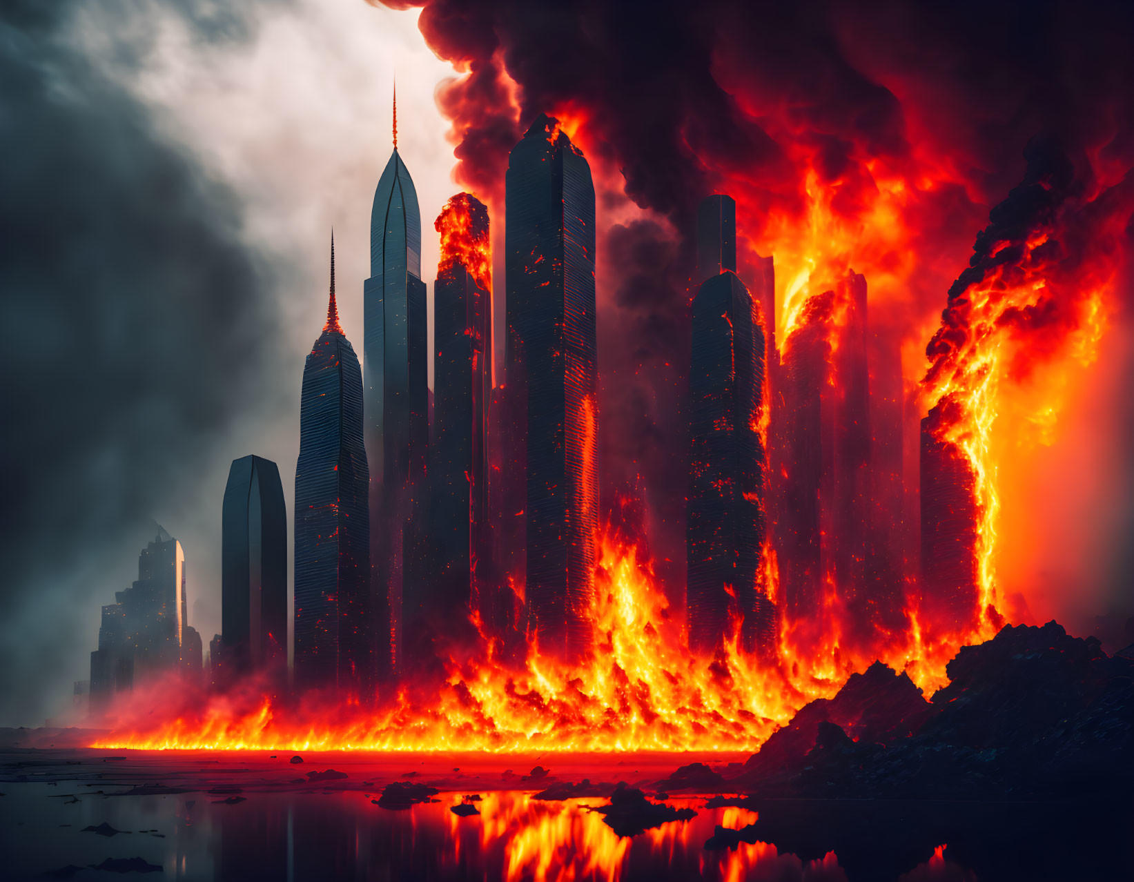 Dystopian cityscape with skyscrapers in flames and smoke