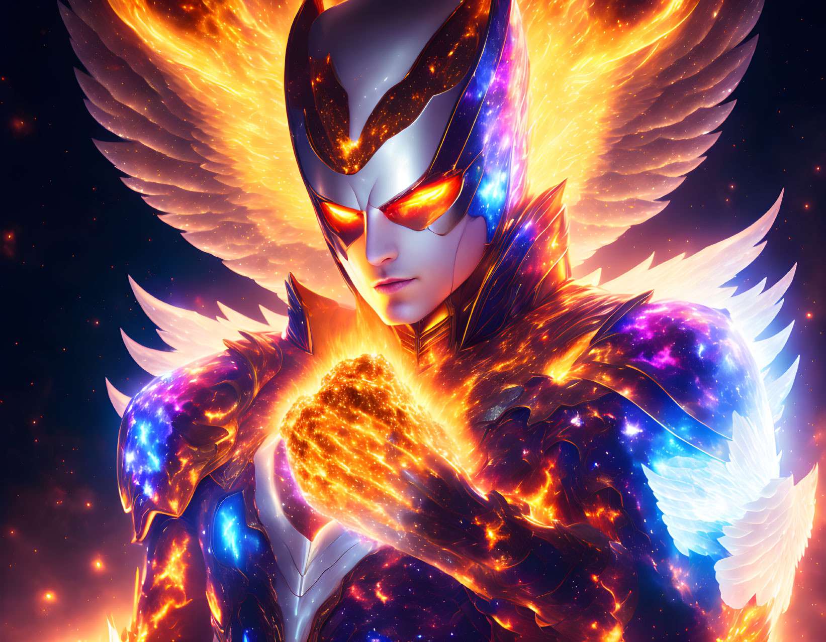 Colorful cosmic superhero with glowing armor and fiery eyes in starry setting