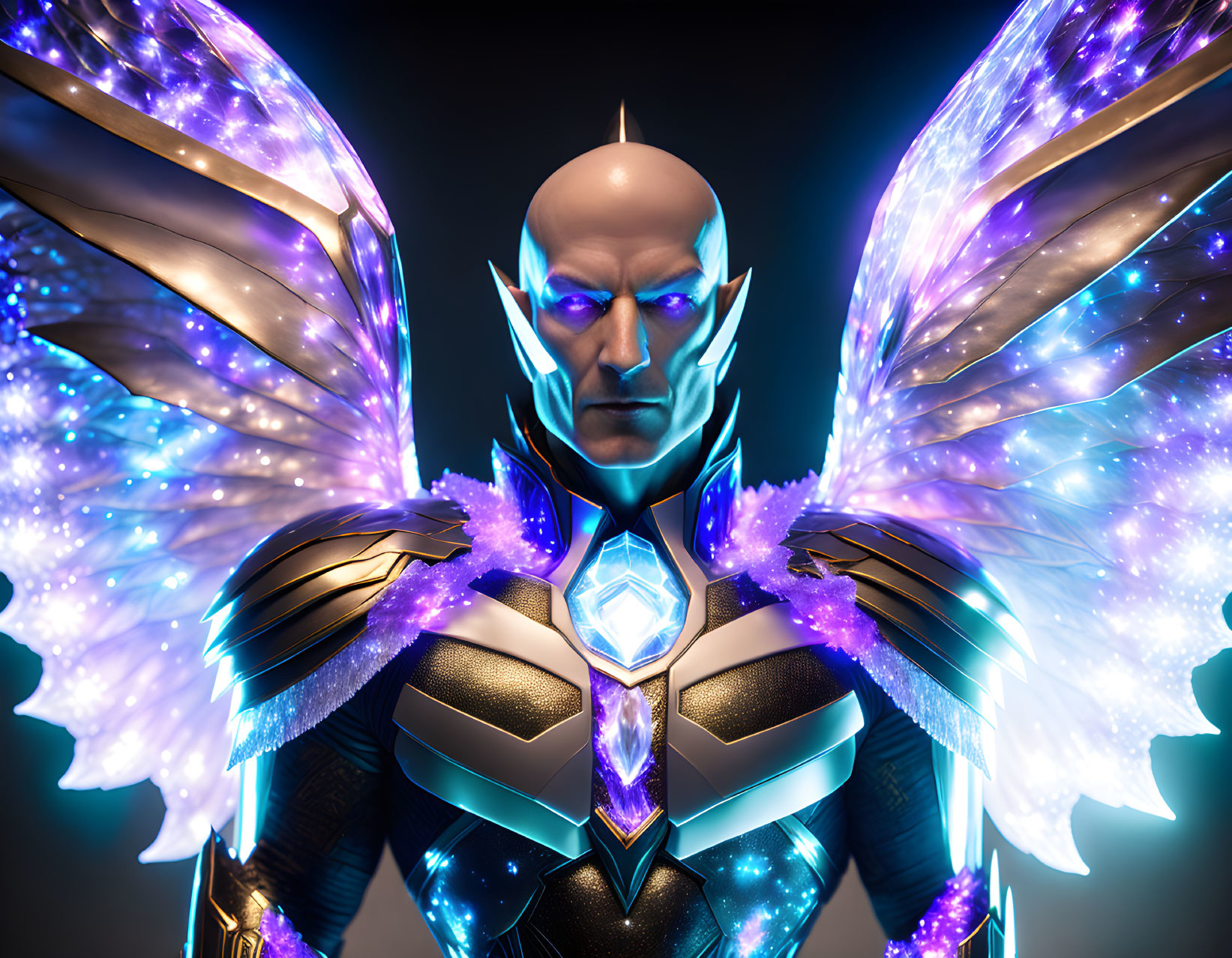 Humanoid Figure with Blue and Purple Wings and Futuristic Armor