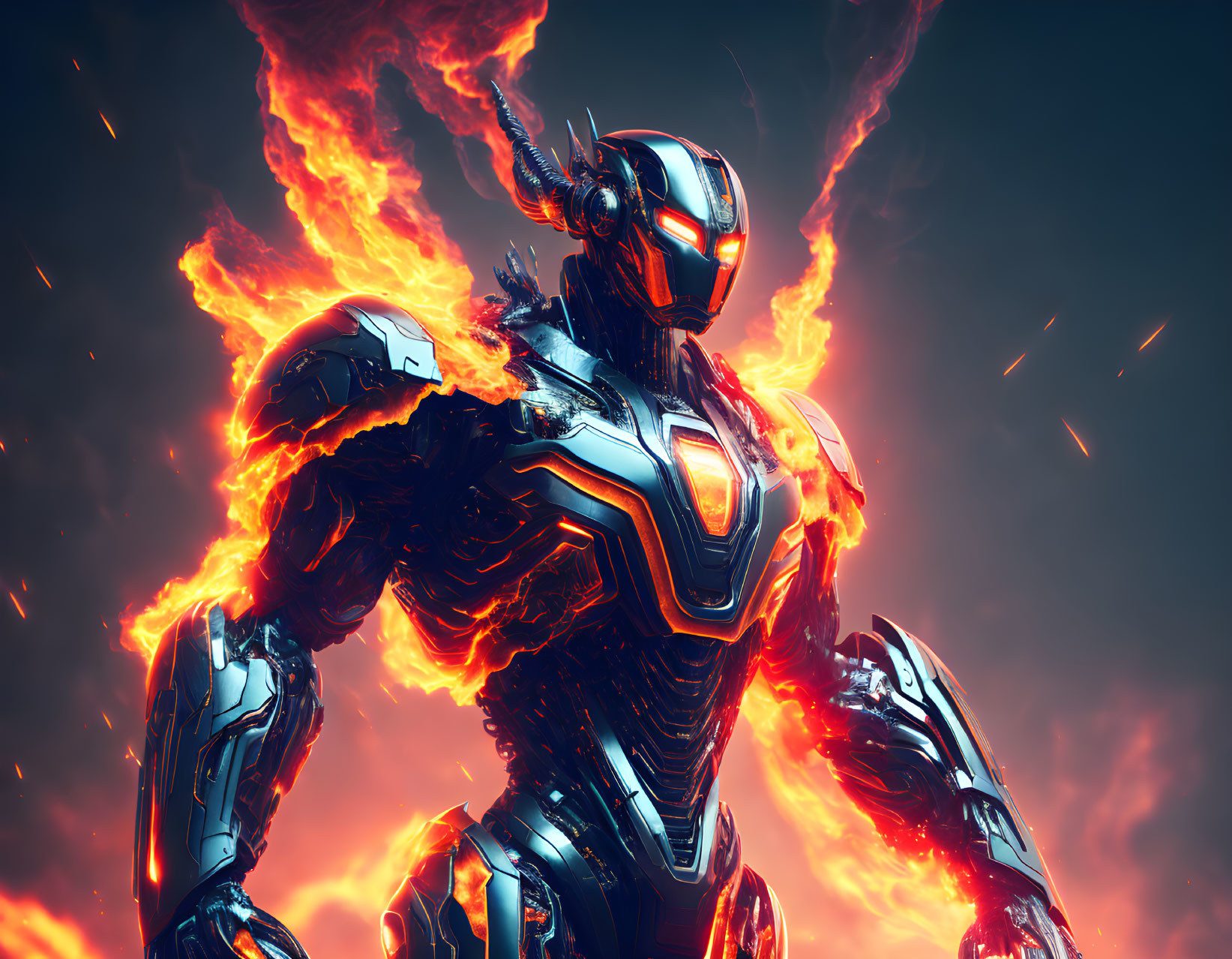 Armored robot engulfed in flames on dark background