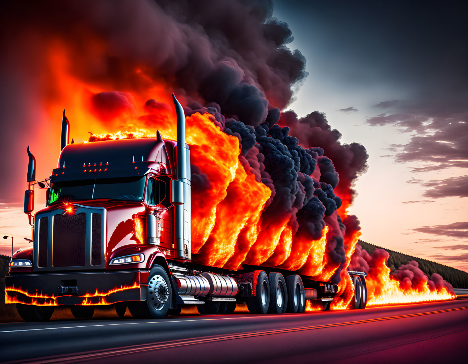 Flaming semi-truck on road at dusk