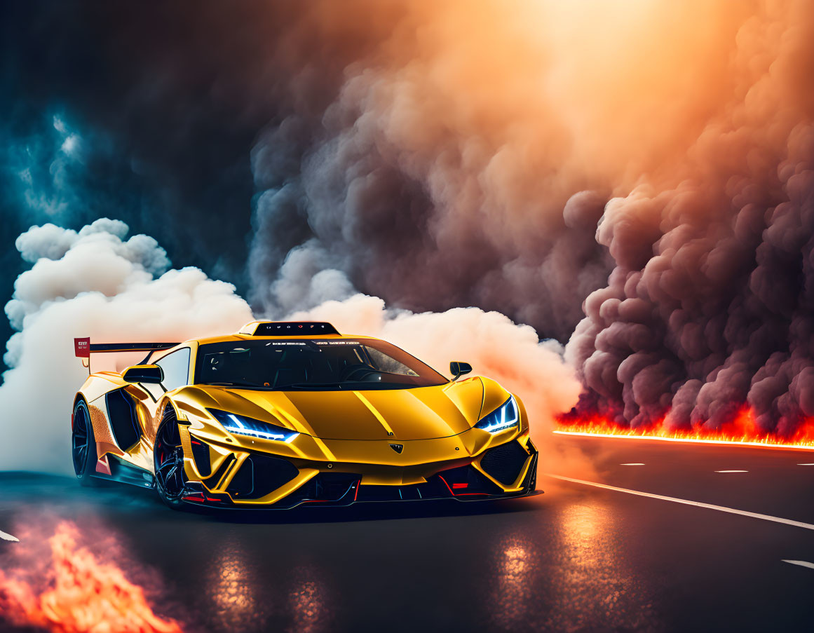 Yellow sports car racing on road with smoke and fire.