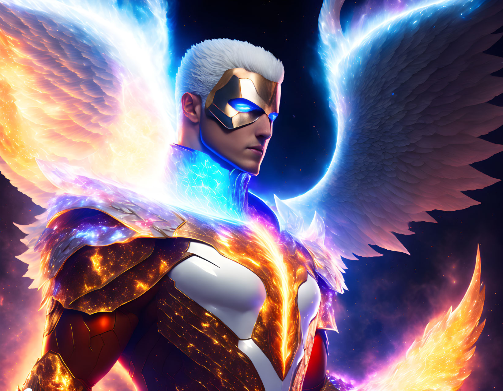 Male superhero with white hair, blue mask, fiery armor, and glowing wings in cosmic scene