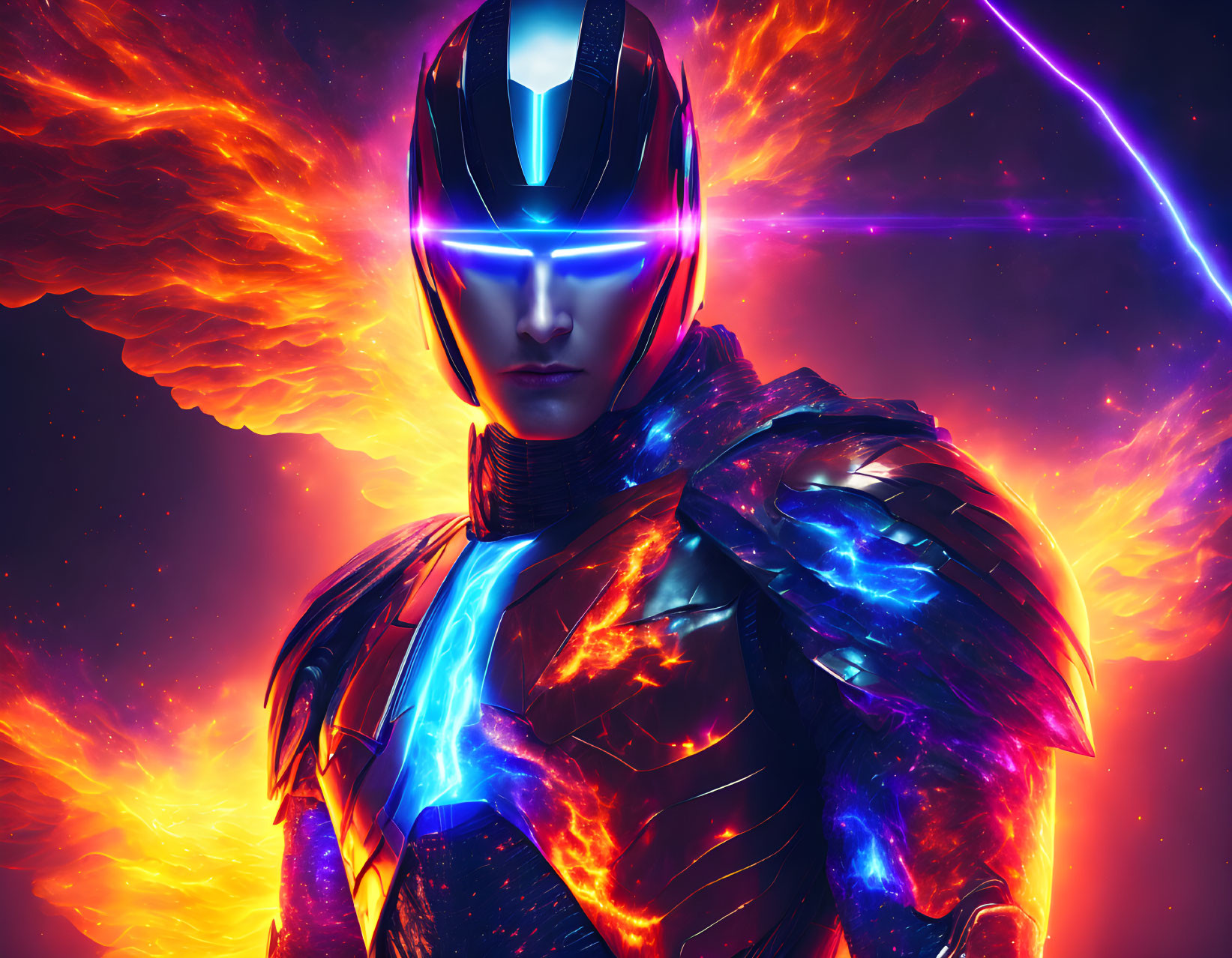 Armored futuristic figure with neon visor in fiery cosmic scene