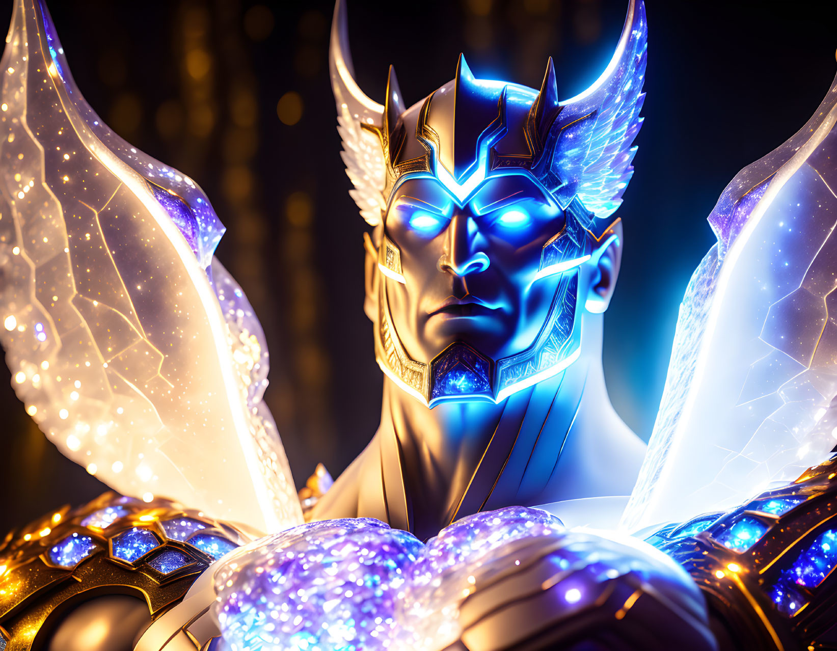 Stylized glowing character with intricate armor and energy-infused wings on dark bokeh-light background